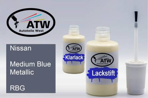 Nissan, Medium Blue Metallic, RBG: 20ml Lackstift + 20ml Klarlack - Set, von ATW Autoteile West.